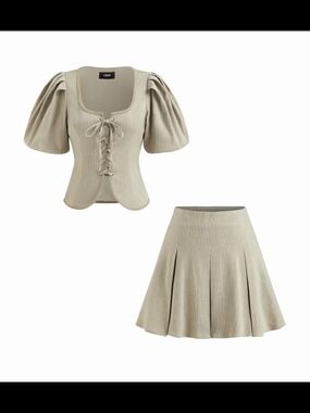 Chestnut Lace-Up Puff Sleeve Top & Skirt Set - Beige